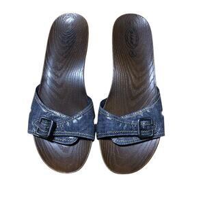 Dr Scholls Sz 9 Faux Denim Slide Buckle Sandals Faux Wood Shoe
